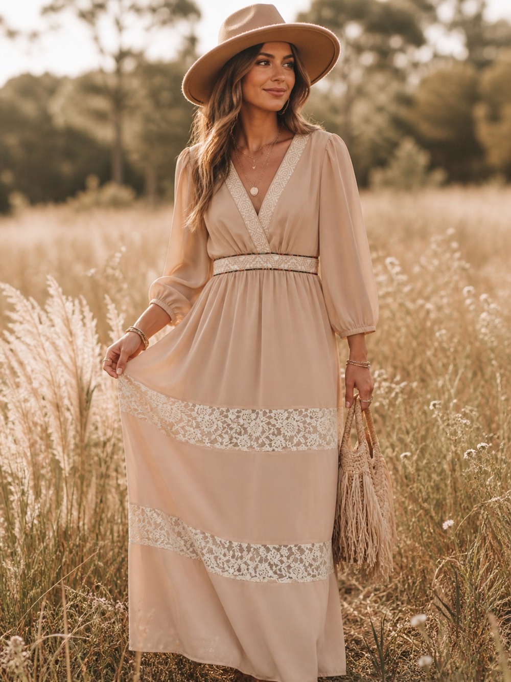 Swell Boho Lace Trim Maxi Peasant Prairie Dress, Tan Nude Beige Cottagecore, L